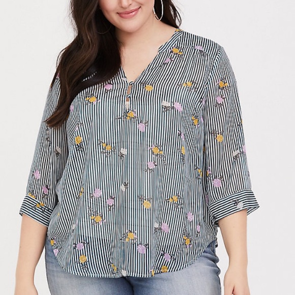 LIKE NEW TORRID HARPER SPARKLY GREEN FLORAL BUTTON UP STRIPE BLOUSE - Picture 2 of 11